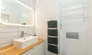 Moderno baño pequeño con lavabo sobre mueble de madera, espejo iluminado y organizador de pared.