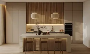 Cocina moderna con minimalismo cálido. Isla central con taburetes, encimeras de madera y luces tenues.