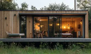 Acogedora tiny house de madera con grandes ventanales, un sofá exterior y un interior cálido iluminado por lámparas colgantes.