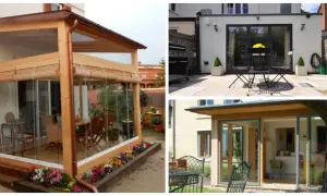 Porches de casas sencillas con estructuras de madera y cristal, creando espacios luminosos y acogedores.