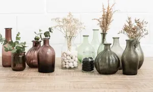 Variedad de jarrones de cristal grandes, algunos con ramas secas y hojas verdes, perfectos para decorar.
