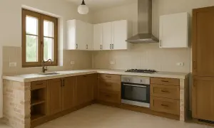 Cocinas rústicas con encimeras de hormigón, gabinetes de madera y detalles de ladrillo.