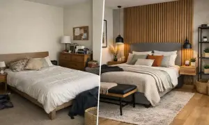 Transformación de dormitorio: antes y después. Ideas para pintar mesitas de noche y crear un espacio acogedor.