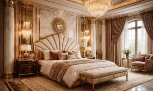 Lujoso dormitorio con cama con dosel, lámparas de araña y detalles dorados, evocando un estilo art déco opulento.