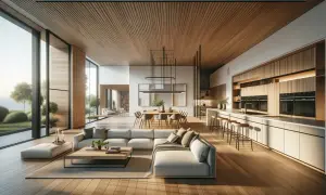 Cocina abierta al salón con iluminación natural y artificial. Muebles de madera, sofás grises y mesa de comedor.