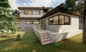 Modern casa de campo con ampliación de dos niveles, terraza y escaleras.