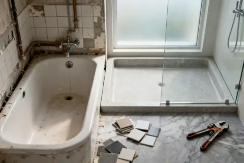 Baños en proceso de reforma, con una bañera antigua y un plato de ducha moderno listo para ser instalado.