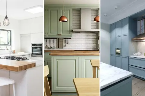 Tres cocinas con diferentes colores para pintar muebles de cocina: blanco moderno, verde menta y azul pastel.