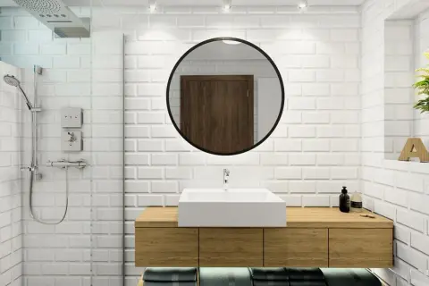 Baño moderno con ducha abierta y lavabo sobre mueble de madera. Explora alternativas a las mamparas de baño para un diseño minimalista.
