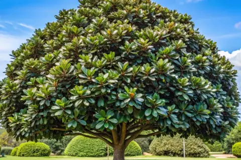 Magnífico árbol frondoso, ideal como uno de los árboles para jardín, con hojas verdes brillantes y un cielo azul con nubes.
