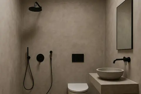 Baño moderno con paredes de microcemento, ducha negra, lavabo de piedra y espejo.