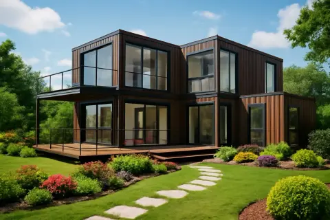 Moderna casa construida en un container, con amplios ventanales y balcón, rodeada de un jardín verde y flores.