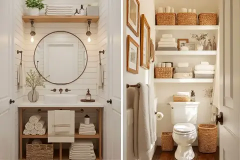 Dos baños reformados con estilo rústico. Uno con lavabo sobre mueble de madera y espejo redondo. El otro con estanterías llenas de toallas y cestas.