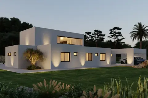 Moderna casa prefabricada con jardín y coches aparcados bajo un porche.