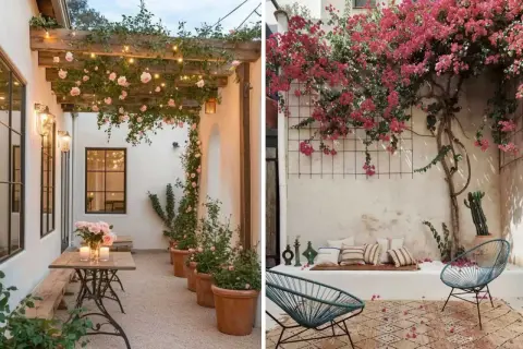 Dos patios interiores con encanto: uno con pérgola de rosas y luces, otro con buganvillas vibrantes y asientos acogedores.