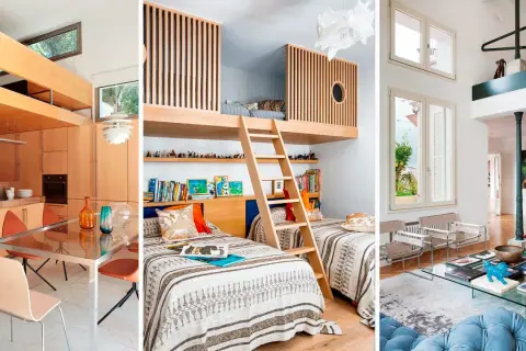 Cocina moderna, habitación infantil con literas y salón elegante en una casa en forma de L pequeña.