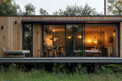 Acogedora tiny house de madera con grandes ventanales, un sofá exterior y un interior cálido iluminado por lámparas colgantes.