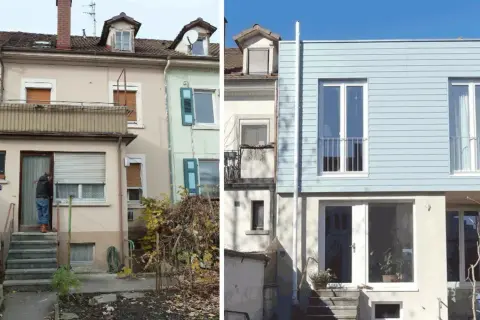 Antes y después: una casa antigua se somete a una transformación para modernizar su fachada, ganando un aspecto fresco y contemporáneo.