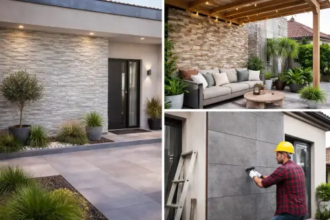 Modern exterior design featuring a stone porch, a cozy patio with a sofa, and a worker installing stone cladding.