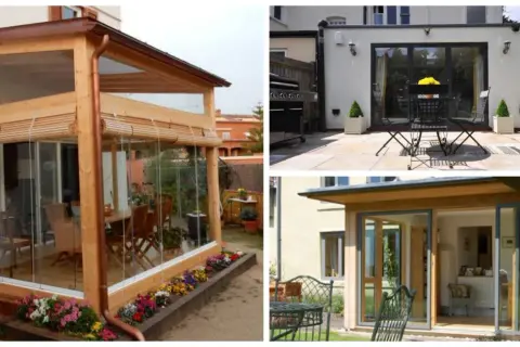 Porches de casas sencillas con estructuras de madera y cristal, creando espacios luminosos y acogedores.