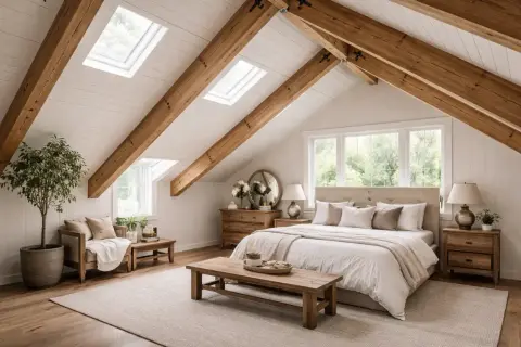Dormitorio acogedor con techos con vigas de madera vistas, tragaluces y una cama confortable.