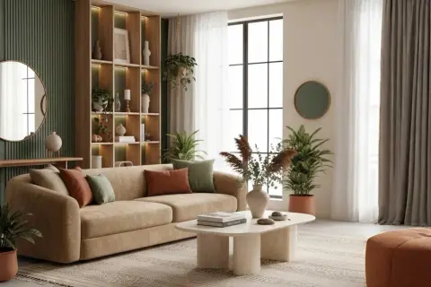 Sofá beige con cojines color terracota y verde, mesa de centro orgánica, estantería de madera y plantas. Un ejemplo de tendencias interiorismo.