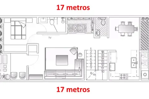 Plano de un chalet adosado de 17x6 metros, mostrando distribución de salón, cocina, dormitorio, baños y jardín.