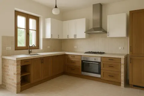 Cocinas rústicas con encimeras de hormigón, gabinetes de madera y detalles de ladrillo.