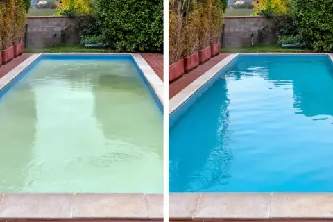 Comparativa de reforma piscina antes y después: agua verde y turbia transformada en un azul cristalino y refrescante.