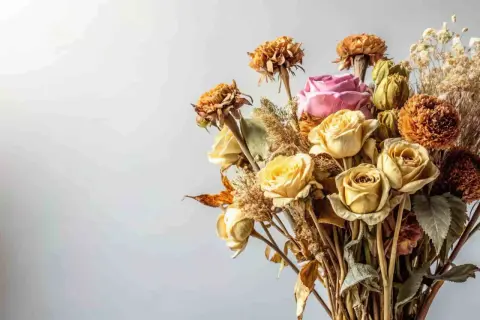 Un ramo de rosas amarillas y una rosa rosa, con flores secas y espigas, muestra cómo secar un ramo de flores para conservarlo.