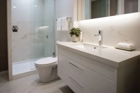 Moderno baño con ducha de cristal, inodoro y lavabo. Un ejemplo de reformas de baño elegantes y funcionales.