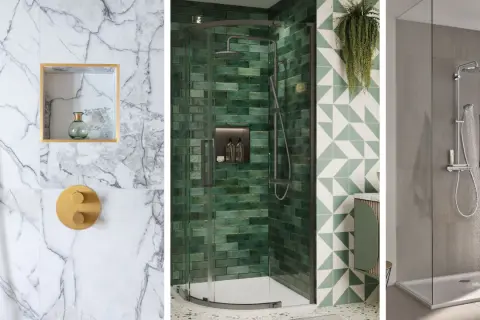 Tres baños modernos con duchas y **baños con hornacina de obra** integradas, uno con mármol, otro con azulejos verdes y el último con paredes grises.