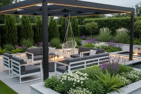 Elegantes patios modernos con asientos modulares, hoguera, columpio y cascada.