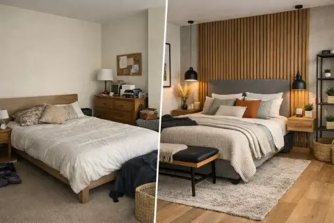 Transformación de dormitorio: antes y después. Ideas para pintar mesitas de noche y crear un espacio acogedor.