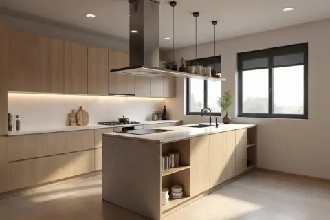 Cocina moderna con isla central, gabinetes de madera clara y encimeras de mármol. Perfecta para una reforma de cocina.