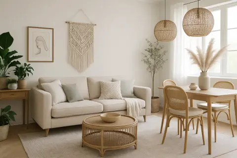 Un salón acogedor con sofá beige, mesa de centro de ratán y detalles de macramé, creando un ambiente de casa boho chic.