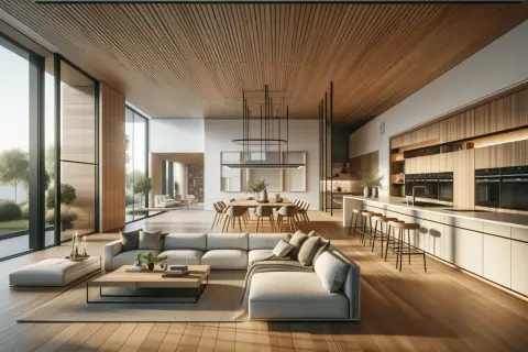 Cocina abierta al salón con iluminación natural y artificial. Muebles de madera, sofás grises y mesa de comedor.