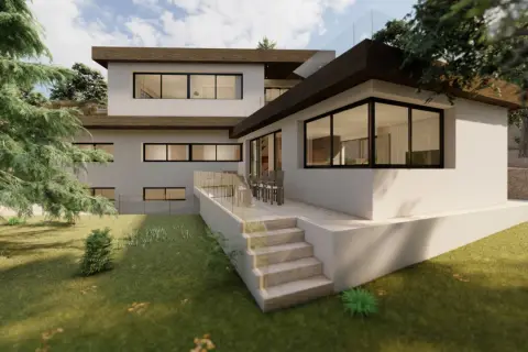 Modern casa de campo con ampliación de dos niveles, terraza y escaleras.
