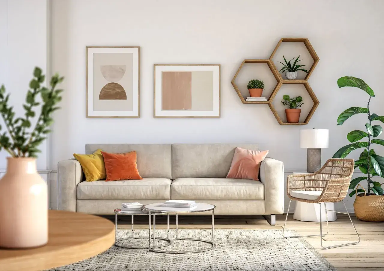 Sofá beige, cojines coloridos y arte abstracto en un espacio de diseño de interiores moderno.