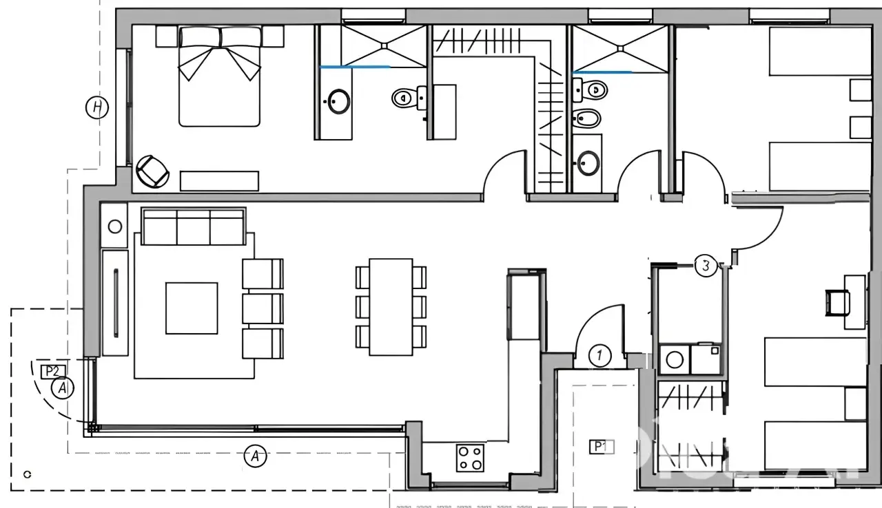 Plano de una casa pequeña con dormitorio, salón, comedor, cocina y dos baños.
