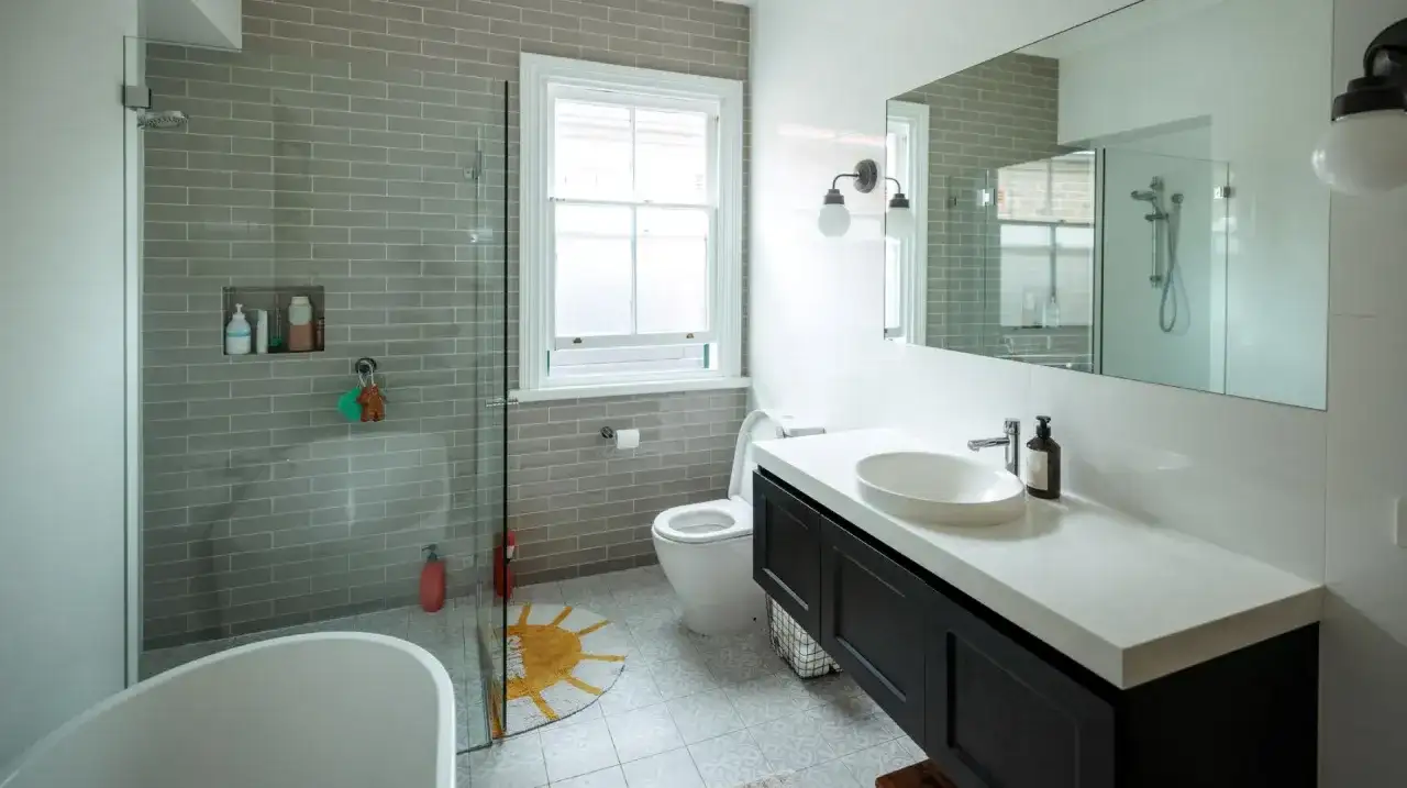 Baño moderno con ducha sin mampara, bañera exenta, lavabo sobre encimera y WC. Azulejos grises y suelo estampado.