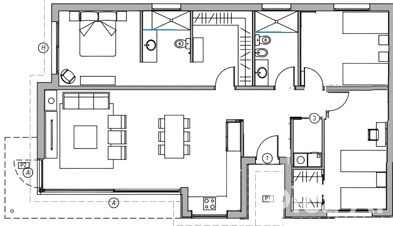 Plano de una casa pequeña con dormitorio, salón, comedor, cocina y dos baños.