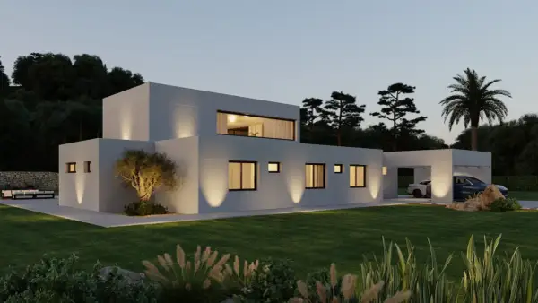 Moderna casa prefabricada con jardín y coches aparcados bajo un porche.