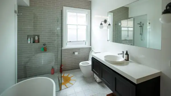 Baño moderno con ducha sin mampara, bañera exenta, lavabo sobre encimera y WC. Azulejos grises y suelo estampado.