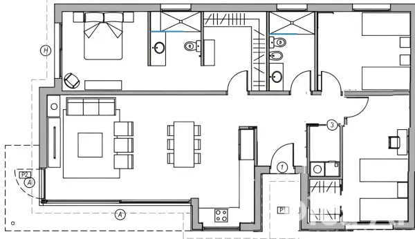 Plano de una casa pequeña con dormitorio, salón, comedor, cocina y dos baños.