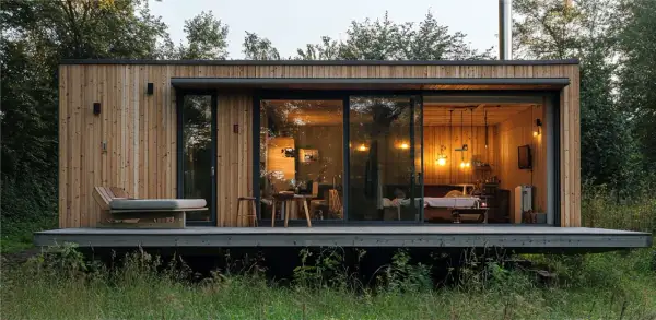 Acogedora tiny house de madera con grandes ventanales, un sofá exterior y un interior cálido iluminado por lámparas colgantes.