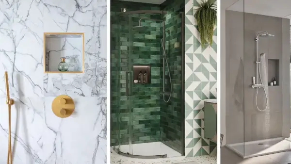 Tres baños modernos con duchas y **baños con hornacina de obra** integradas, uno con mármol, otro con azulejos verdes y el último con paredes grises.