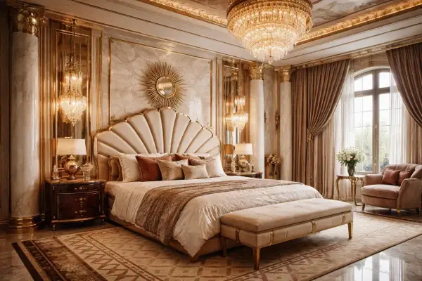 Lujoso dormitorio con cama con dosel, lámparas de araña y detalles dorados, evocando un estilo art déco opulento.