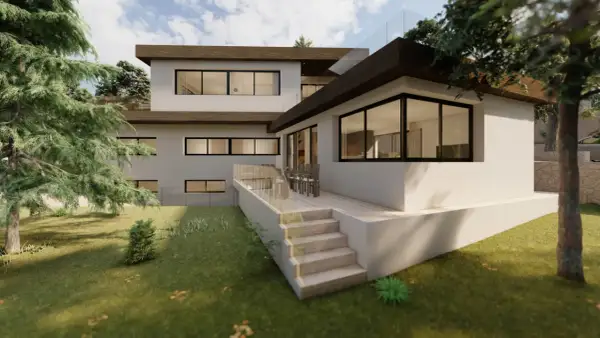 Modern casa de campo con ampliación de dos niveles, terraza y escaleras.